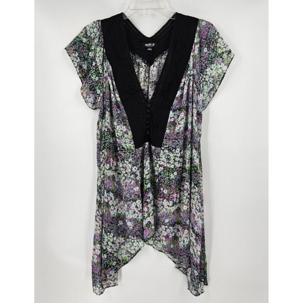 Allen B Women L Top Floral Short Sleeve V-Neck w/Button Accent Asymmetrical Hem